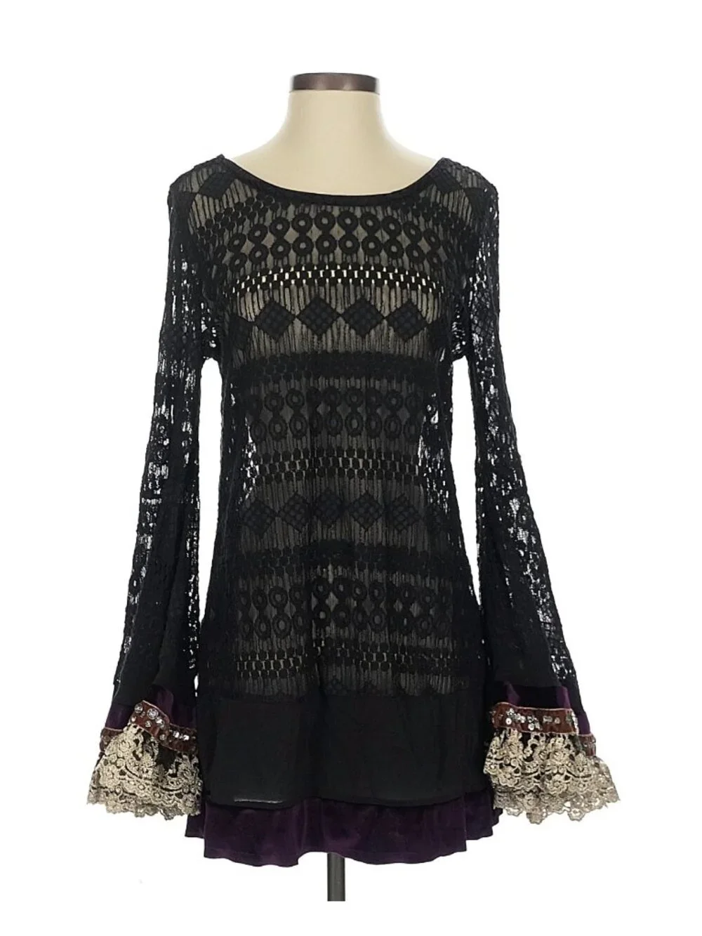 RARE Free People Black Lace Velvet Bell Sleeve Mini Dress Tunic| Whimsigoth Boho - Picture 3 of 16